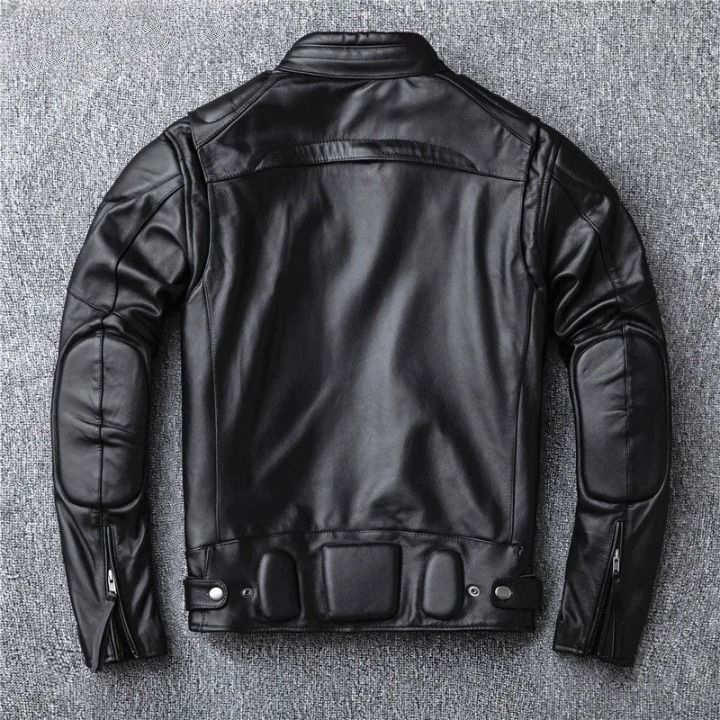 Stay stylish and warm this winter with this genuine leather motorcycle jacket. Designed for men, it features a slim fit and a solid pattern for a sleek, modern look. The stand collar adds a touch of sophistication, while the zipper closure provides a secure fit. Perfect for casual wear, this jacket blends classic design with comfortable warmth, making it an ideal choice for colder weather. Fitted Biker Jacket With Stand Collar For Winter, Winter Leather Biker Jacket With Zipper, Winter Leather Jacket With Stand Collar, Fitted Leather Jacket With Stand Collar For Winter, Classic Leather Jacket With Zipper For Winter, Classic Leather Jacket With Zipper Closure For Winter, Classic Winter Leather Jacket With Zipper, Classic Solid Leather Jacket For Winter, Solid Leather Jacket With Zipper Closure For Winter