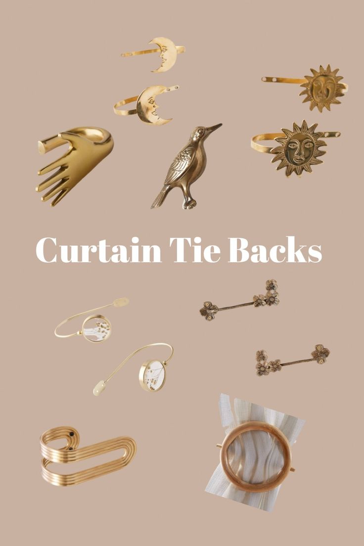 an image of some gold items with the words curtain tie backs