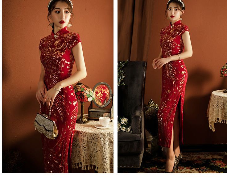 Looking for a quintessential Chinese garment for your wedding, tea ceremony, or any other momentous event? The qipao/cheongsam is expertly crafted from supple velvet and adorned with delicate floral sequins. With its elegant capped sleeves and mandarin collar, this ankle-length dress exudes sophistication, making it ideal for formal gatherings. The zipper back and lining underneath provide both comfort and a flawless fit. Size Guide: Please refer to the size guide picture before placing the orde Elegant Evening Festive Cheongsam, Elegant Festive Evening Cheongsam, Festive Fitted Cheongsam With Stand Collar, Traditional Evening Cheongsam For Festive Occasions, Traditional Festive Evening Cheongsam, Formal Elegant Festive Cheongsam, Elegant Festive Formal Cheongsam, Elegant Cheongsam With Stand Collar For Tea Ceremony, Elegant Cheongsam With Stand Collar For Festive Season