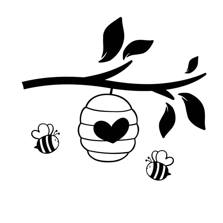 a beehive hanging from a tree branch with two bees flying around it,