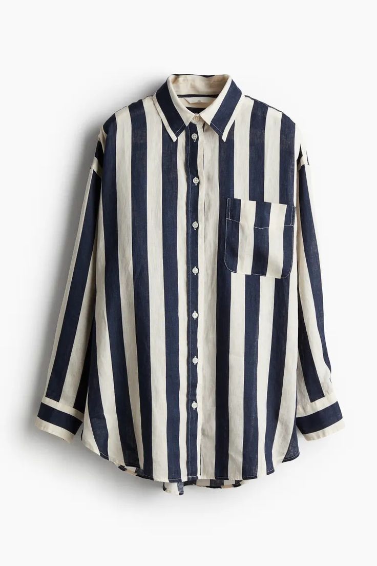 Oversized linen shirt - Navy blue/Striped - Ladies | H&M IN 6 Oversized Linen Shirt, Sleeve Placket, Summer Style Guide, Striped Linen Shirt, Cotton Linen Pants, Summer Work Outfits, Cardigan Sweater Dress, Cardigan Sweater Jacket, Blouse Pants