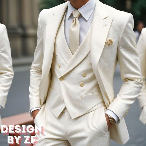 a man in a white suit and tie walking down the street with his hands in his pockets