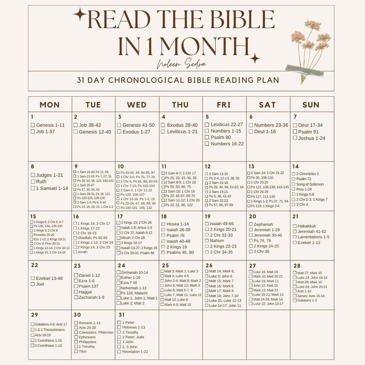 a printable calendar with the words read the bible in 1 month and flowers on it