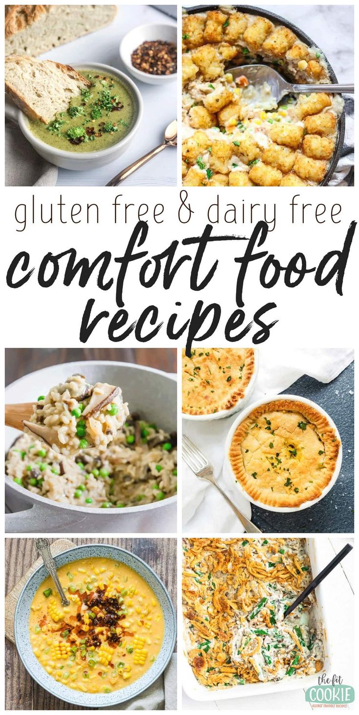 gluten free and dairy - free comfort food recipe collage with text overlay