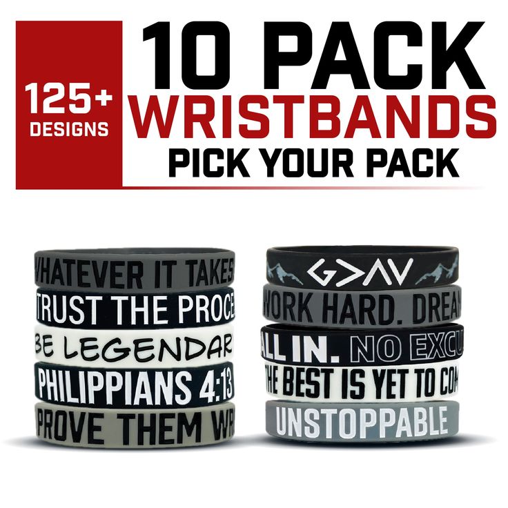 10 PACK WRISTBANDS - BEST SELLER! Choose any 10 Wristbands from our 125+ options available! You'll pick your wristband design and then select your size for each wristband. We offer 3 sizes: Youth 7", Standard 8" or XL 9". With over 1,000,000 Wristbands sold since 2014, it's safe to say our wristbands are a best seller and an EAG staple! Our wristbands designed to help inspire, encourage and remind you to keep pushing towards your goals. DURABLE: Made of high quality silicone with debossed letter Wristband Design, Compression Arm Sleeves, Taper Design, Good Prayers, Athletic Gear, Wrist Support, Keep Pushing, Gift Card Shop, Wristbands