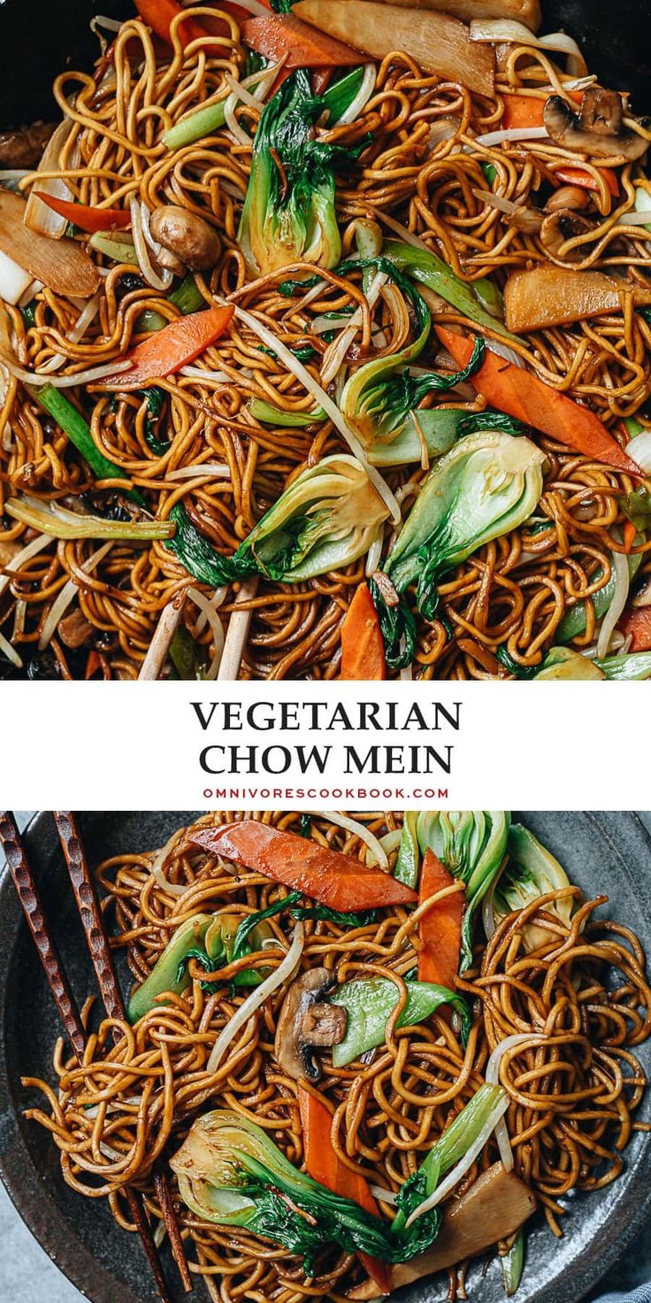 vegetable chow mein in a wok with chopsticks on the side and an image of