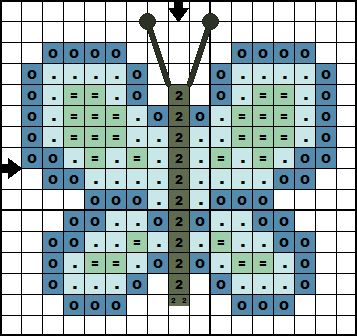 a cross stitch butterfly pattern with arrows pointing in different directions to the left and right