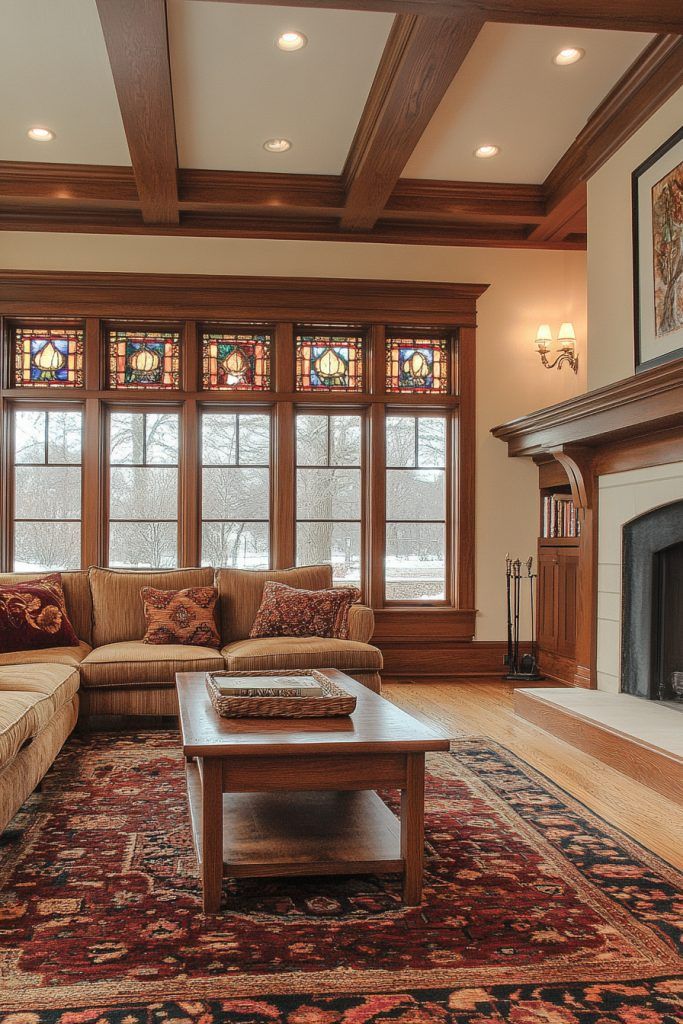 a living room with couches, coffee table and fireplace in front of two windows