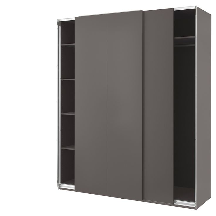 an open cabinet with two doors and shelves on one side, in front of a white background