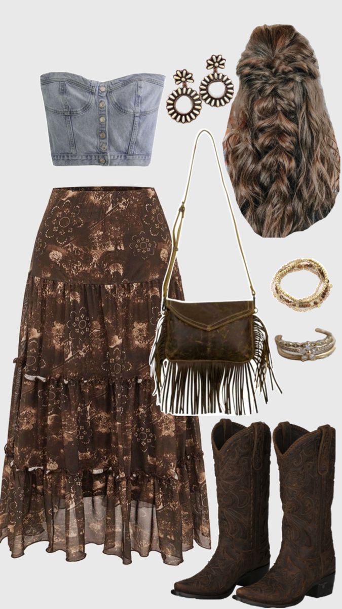 Brown floral maxi skirt, denim vest top, brown fringe crossbody bag, western earrings, brown cowgirl boots, braided hairstyle Boho Country Outfits, Denim Vest Top, Maxi Skirt Denim, Boho Style Summer, Summer Country Concert Outfit, Country Chic Outfits, Brown Cowgirl Boots, Casual Country Outfits, Summer Country