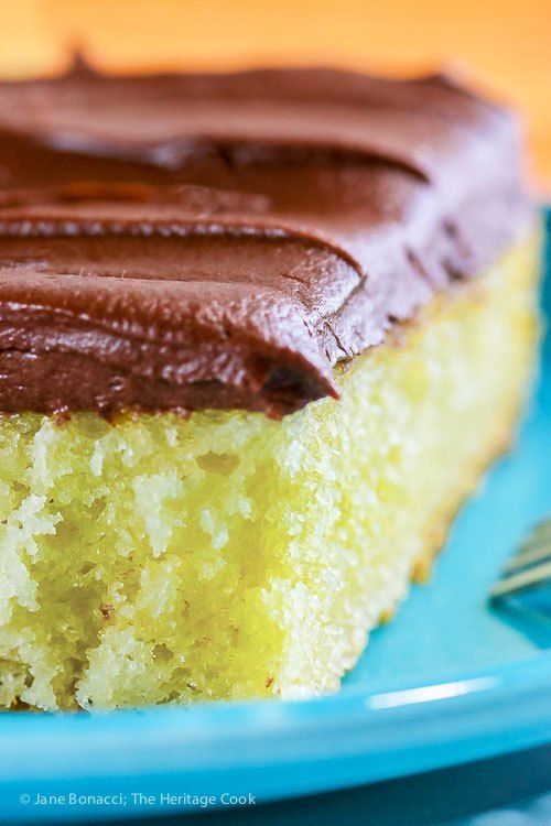 a piece of cake with chocolate frosting on a blue plate