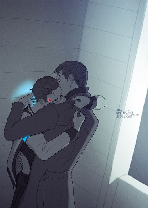 two people are hugging each other in the bathroom, one is holding his arm around the other's neck