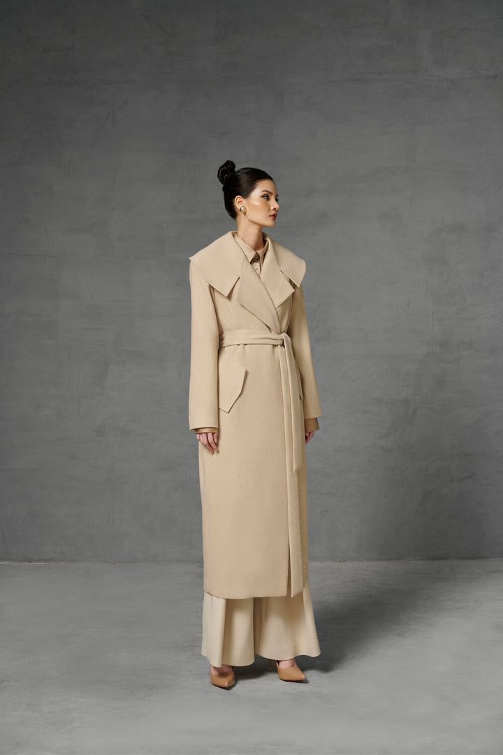 Beige Formal Outerwear With Belted Cuffs, Formal Beige Outerwear With Belted Cuffs, Elegant Cream Outerwear With Belted Cuffs, Chic Beige Gabardine Outerwear, Belted Beige Outerwear For Business, Belted Beige Outerwear For Office, Chic Belted Beige Wool Coat, Beige Outerwear With Belted Cuffs For Office, Belted Beige Business Outerwear