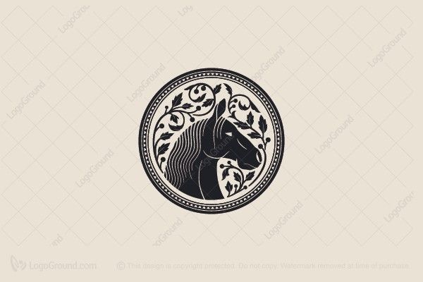 the head of a horse in a circle with leaves on it's forehead logo for sale