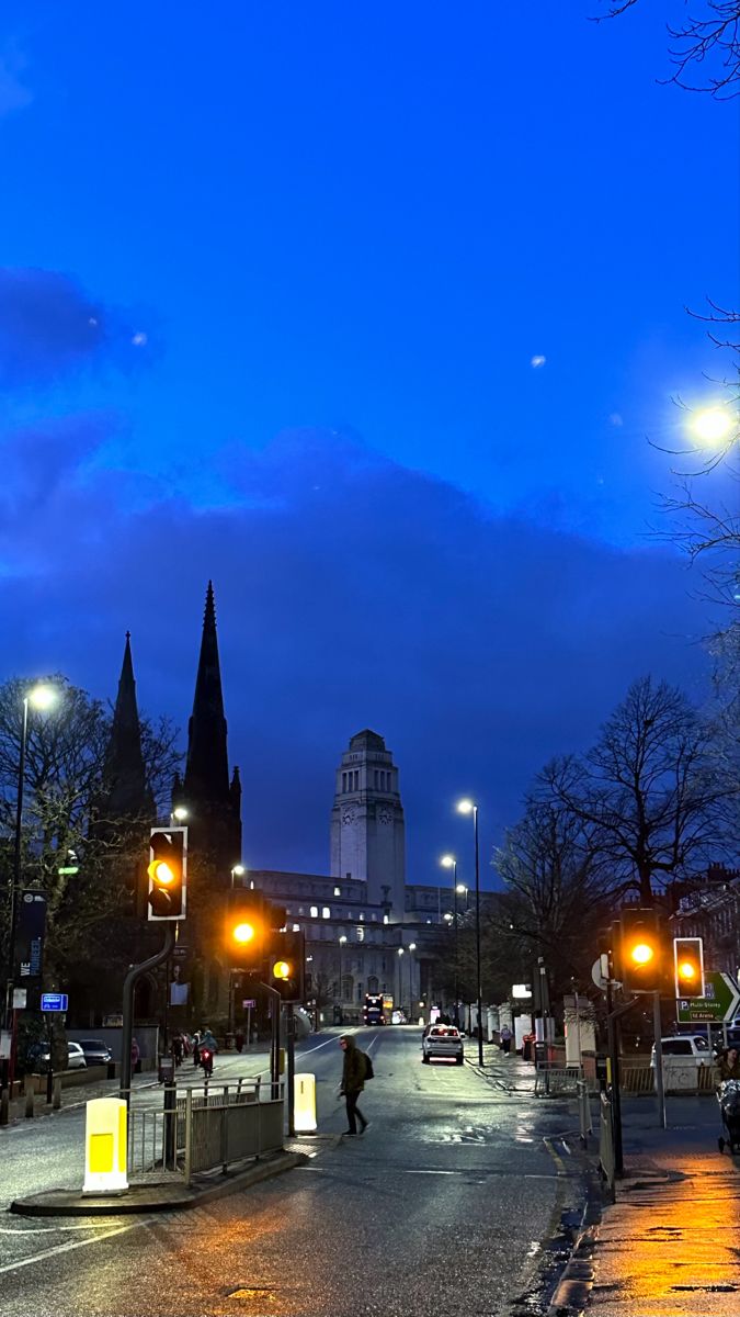 a city street at night with traffic lights