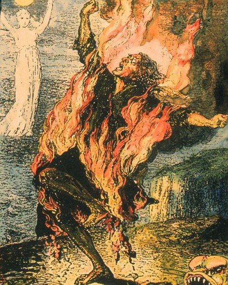 an illustration of a woman standing in front of a fire with her hands up to the sky