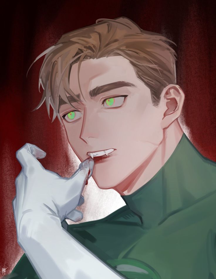 a drawing of a man with green eyes holding a white glove to his mouth and looking at the camera