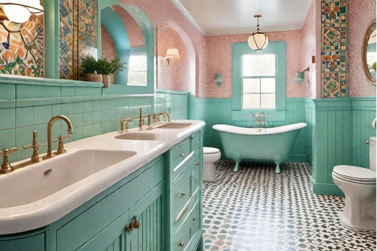 Colorful bathroom with turquoise double sinks, clawfoot tub, and pink walls with decorative tiles. Bathroom Color Combinations, Bright Bathroom Paint Colors, Colorful Bathroom Ideas, Bathroom Paint Ideas, Bathroom Color Ideas, Vibrant Bathroom, Mint Bathroom, Pastel Bathroom, Color Bathroom Design