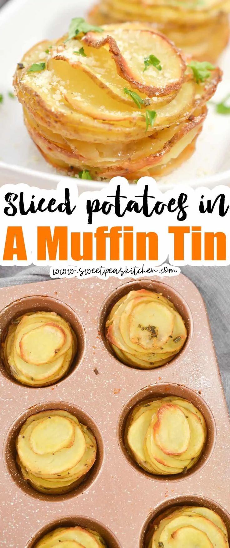 an image of baked potatoes in a muffin tin with text overlay that reads, sliced potatoes in a muffin tin