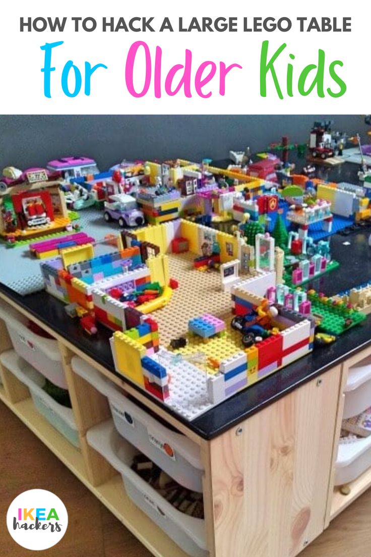 Lego Display And Play Ideas, Lego Room Ideas Play Areas, Lego Organizer Playroom, Ikea Lego Desk Hack, Lego Table And Storage Ideas, Diy Play Table With Storage, Lego Area Ideas, Tall Lego Table, Lego And Craft Table