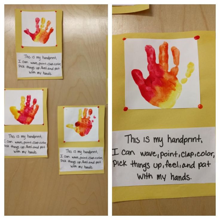 handprints are displayed on the wall next to post - it notes that read, this is my handprint