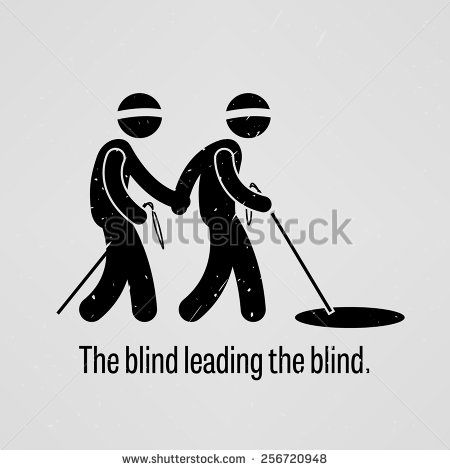 the blind leading the blind logo with two people holding hands and one is on top of a