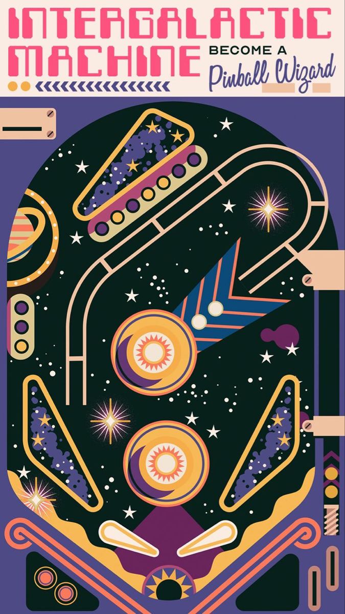 a poster with an image of a space station in the center and stars above it