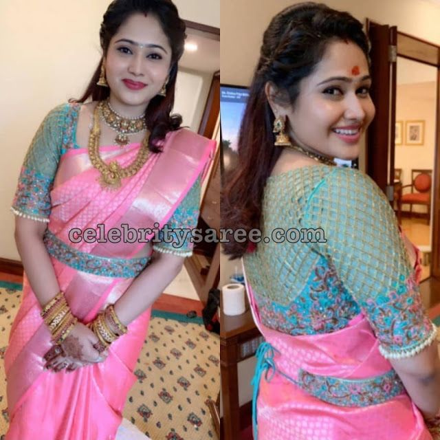 Priya Atlee in Baby Pink Traditional Saree - Saree Blouse Patterns Pink Traditional Saree, Elbow Length Blouse, Baby Pink Saree, Pink Saree Blouse, Baby Pink Blouse, Pink Blouse Designs, Netted Blouse Designs, Saree With Belt, Best Blouse Designs