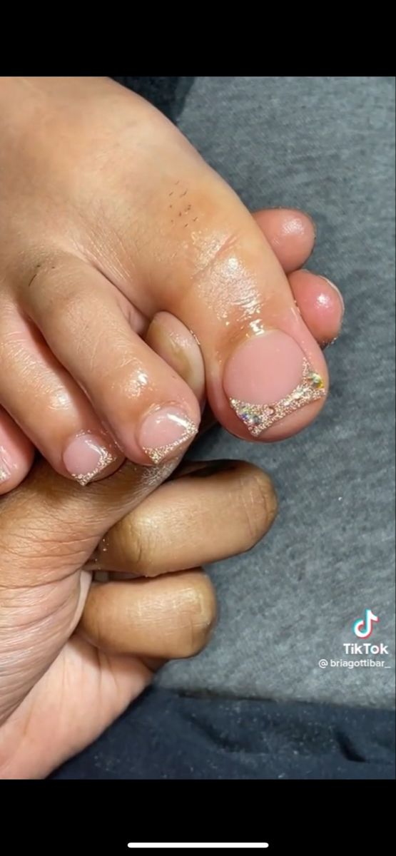 Gold French Pedicure, Rhinestone French Tip Toes, Gold French Tip Pedicure, Gold Nails And Toes, French Toes With Rhinestones, Black French Tip Toes With Rhinestones, Gold Acrylic Toes, Silver French Tip Toes, Gold Diamond Prom Dress