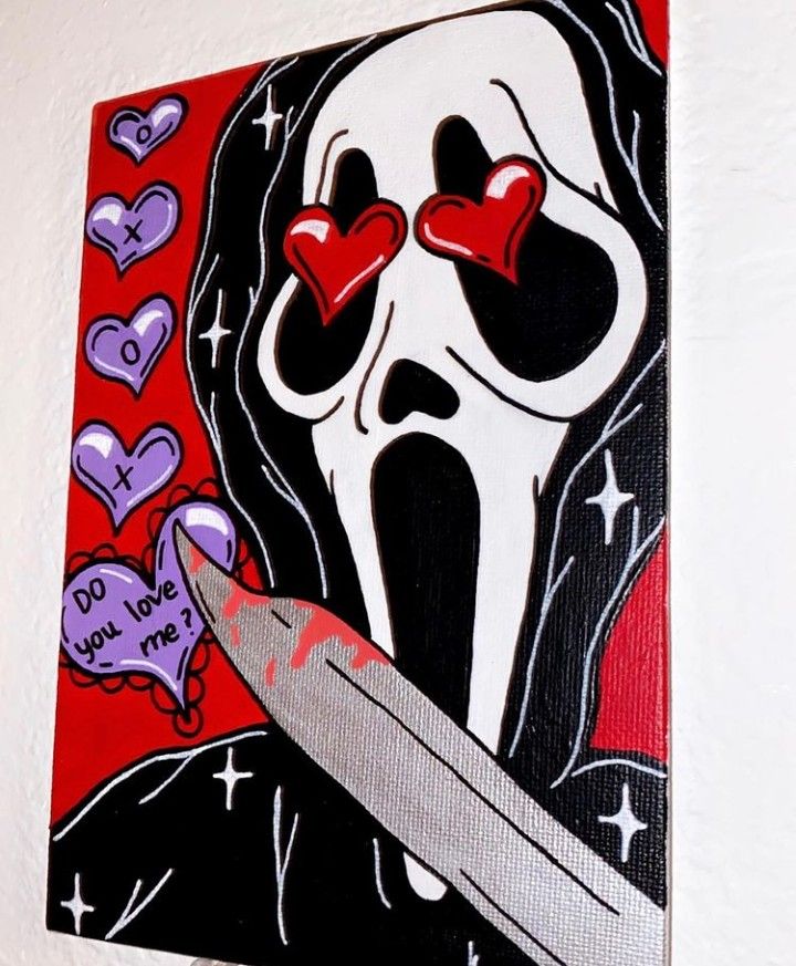 a painting of a person holding a knife with hearts on their eyes and the words do you want it?