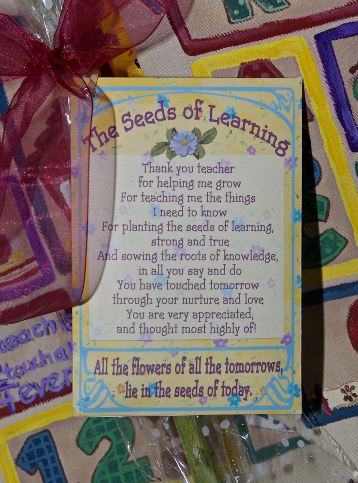 the seeds of learning is displayed in front of some cards with ribbons and bows on them