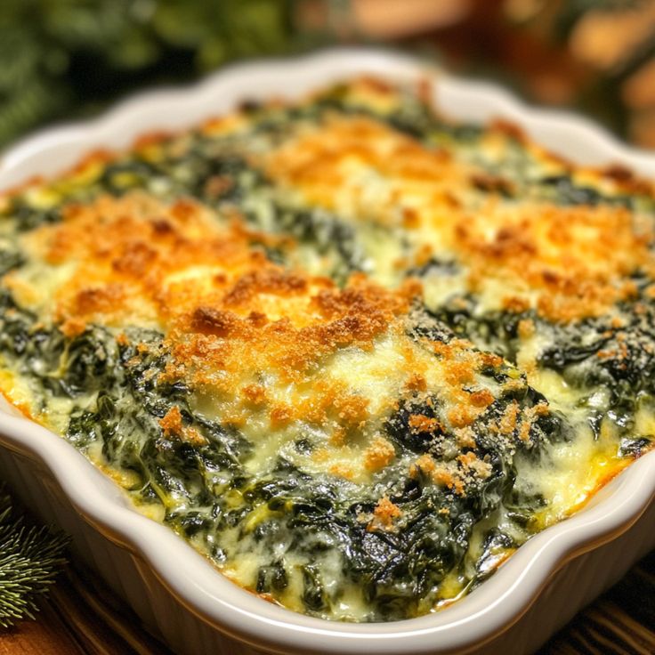 a casserole dish with spinach and cheese in it on a wooden table