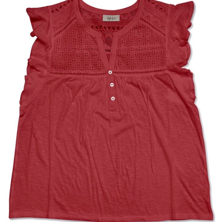 Style & Co Coral Eyelet Flutter Short Sleeve Top Split Neckline With Eyelet Bib Bottom Front Closure Cotton Chic Red Flutter Sleeve Top, Red Flutter Sleeve Tops For Spring, Red Ruffle Sleeve Summer Tops, Red Ruffle Sleeve Top For Summer, Red Ruffle Sleeve Blouse For Summer, Casual Red Blouse With Flutter Sleeves, Red Flutter Sleeve Blouse For Summer, Red Ruffle Sleeve Tops For Spring, Red Ruffled Feminine Tops