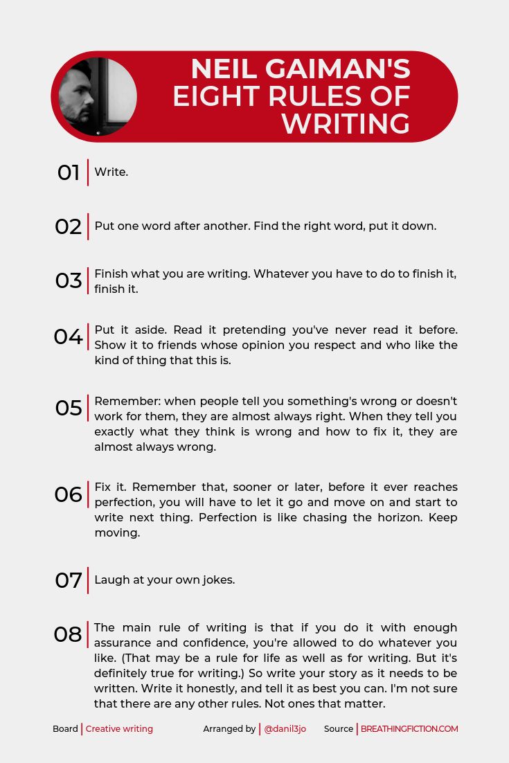 a red and white flyer with the words neil gaiman's eight rules of writing