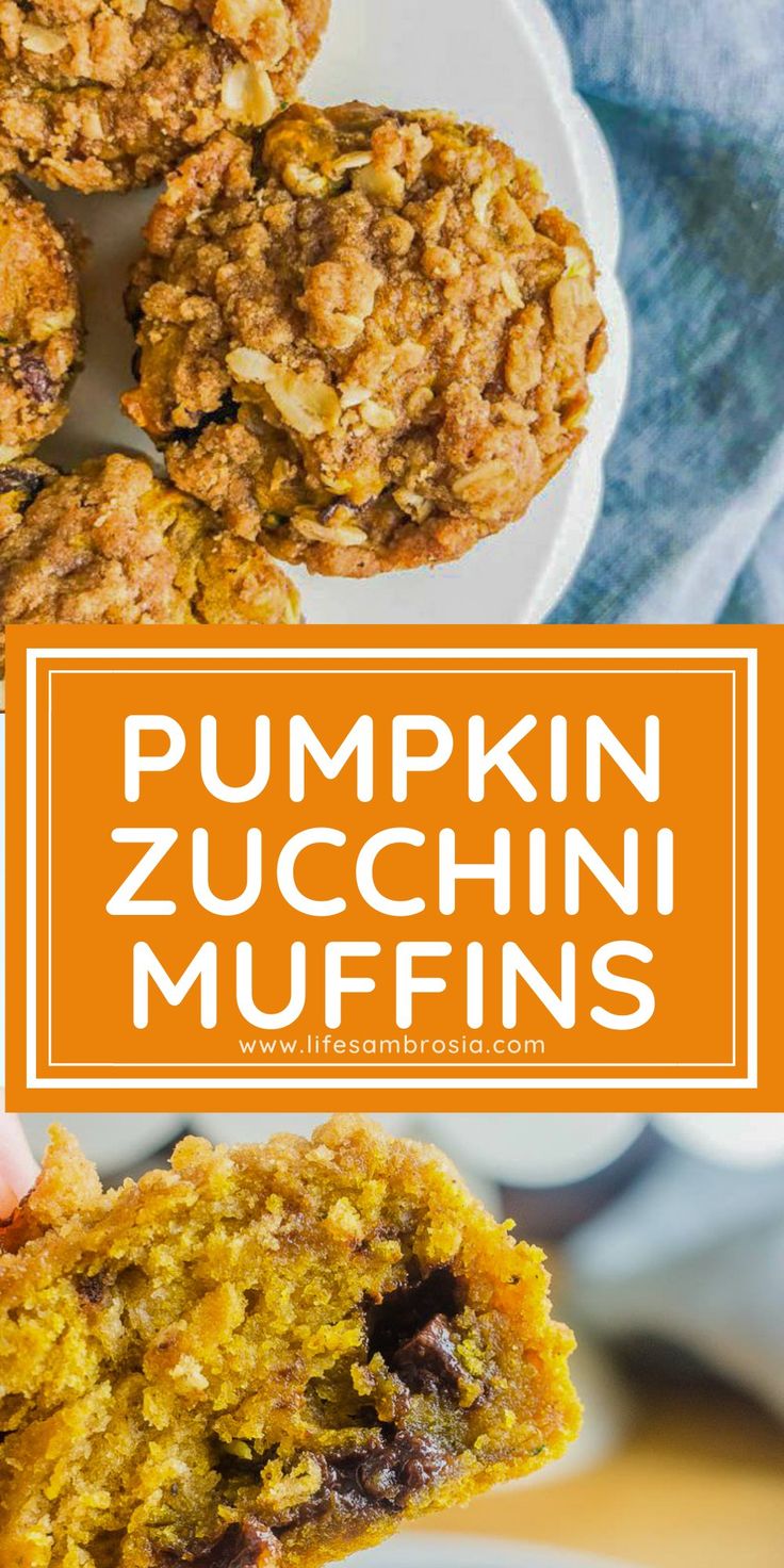 pumpkin zucchini muffins on a white plate with the title overlay