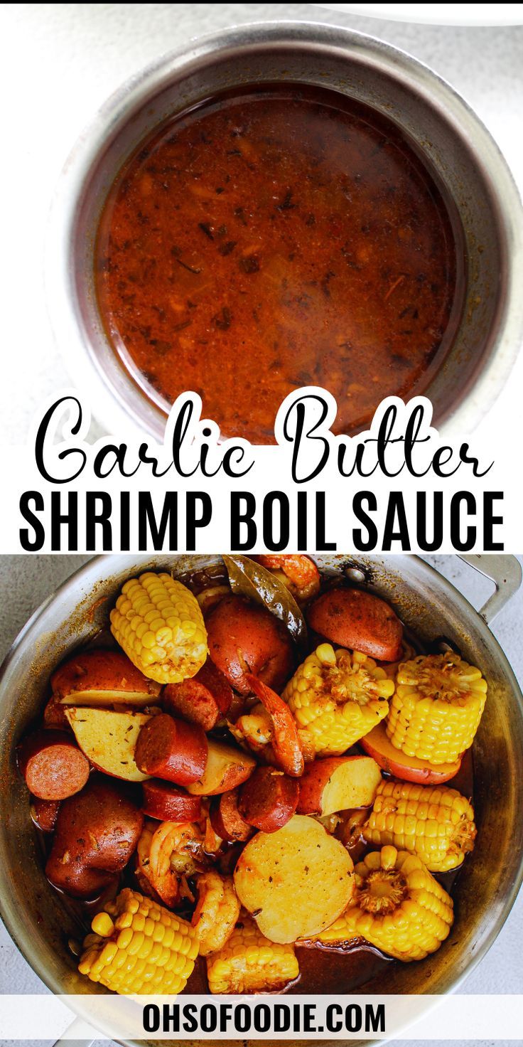 Text reads Garlic Butter Shrimp Boil Sauce Shrimp Boil Butter Sauce, Shrimp Boil Sauce Recipe, Seafood Boil Butter Sauce Recipe, Crab Boil Sauce Garlic Butter, Garlic Butter Shrimp Boil, Crab Boil Recipes, Simple Seafood Boil, Best Seafood Boil Recipes, Crab Boil Sauce