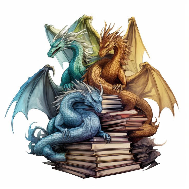 three dragon sitting on top of a pile of books