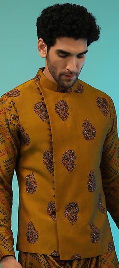 Yellow color Nehru Jacket in Satin Silk fabric with Printed work Satin Suits, Long Choli Lehenga, Anarkali Suits Designer, Bollywood Suits, Nehru Jacket For Men, Salwar Suits Party Wear, Men's Wedding Outfit, Cotton Lehenga, Angrakha Style