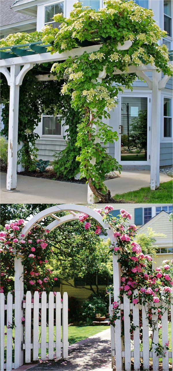 two pictures of a white house with pink flowers on the front and side of it