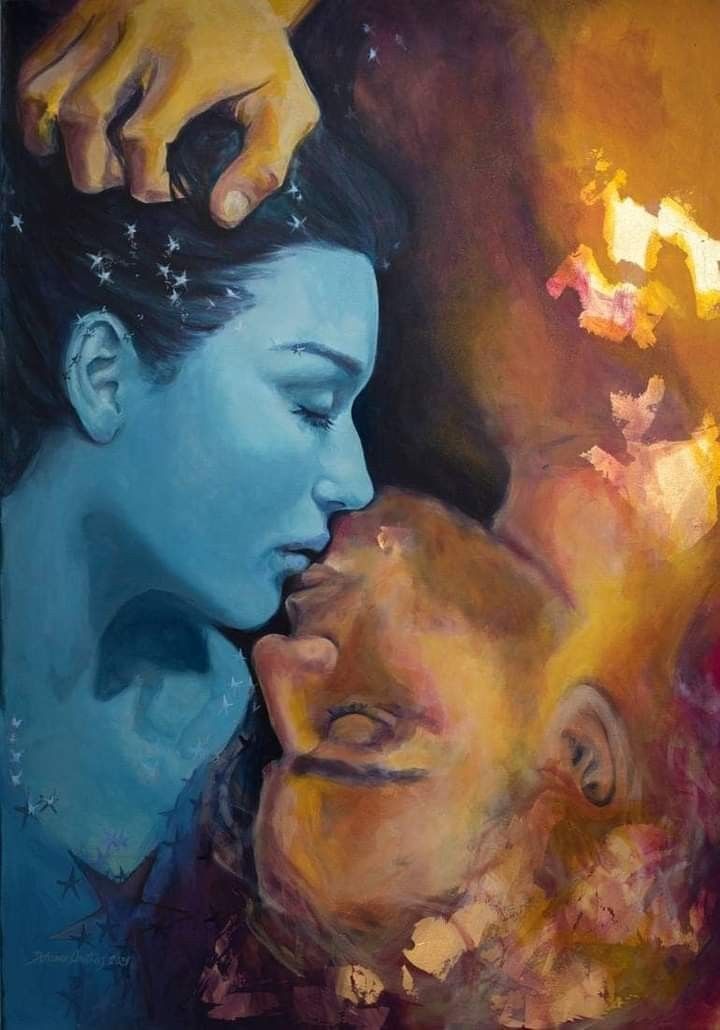 a painting of two people with their faces touching each other's foreheads as if they were kissing