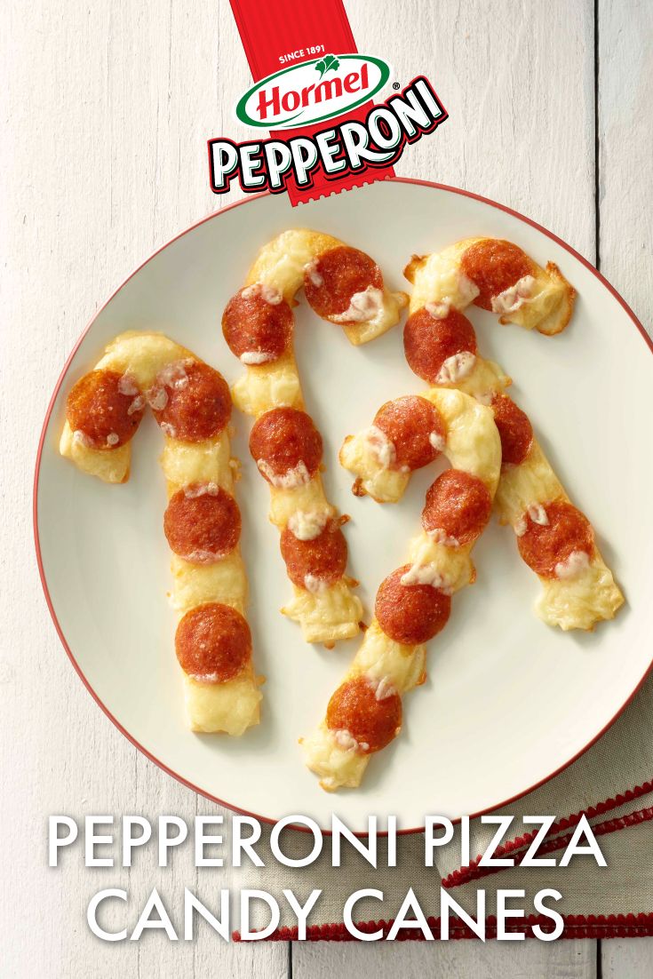 pepperoni pizza candy canes on a plate with the word pepperoni written in it