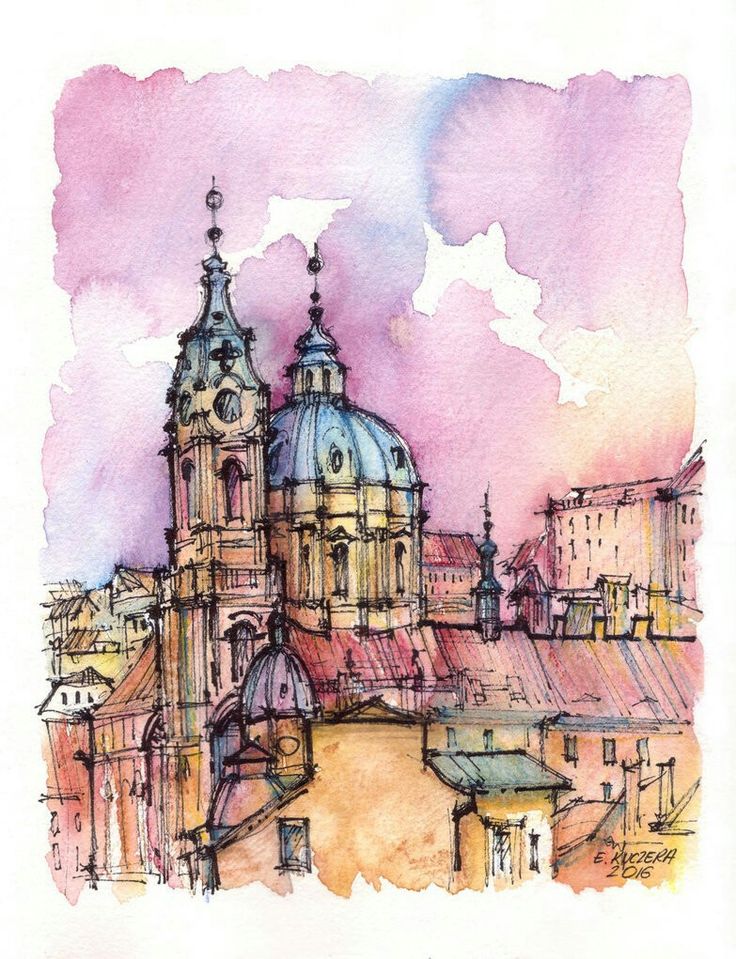 watercolor and ink drawing of an old european cityscape, with the dome of a church