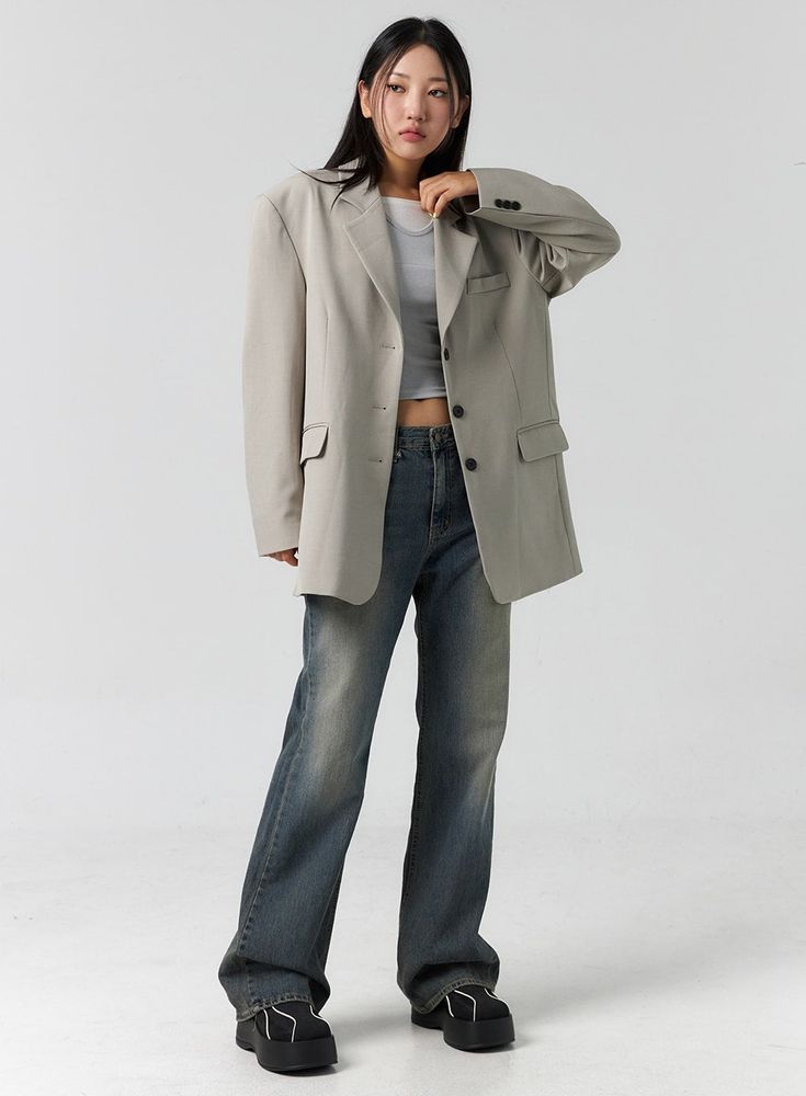 vintage-wash-bootcut-jeans-cs305 Trendy Office Cotton Outerwear, Trendy Cotton Office Outerwear, Trendy Cotton Outerwear For Office, Casual Blazer With Notch Lapel For Work, Casual Notch Lapel Blazer For Work, Trendy Cotton Blazer For Workwear, Everyday Oversized Blazer, Casual Everyday Blazer, Casual Notch Lapel Outerwear For Office