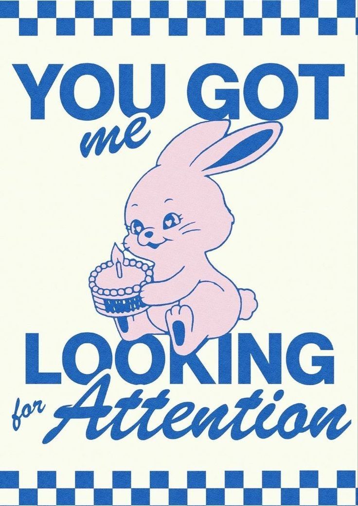 a blue and white poster with an image of a bunny holding a cake in it's hand