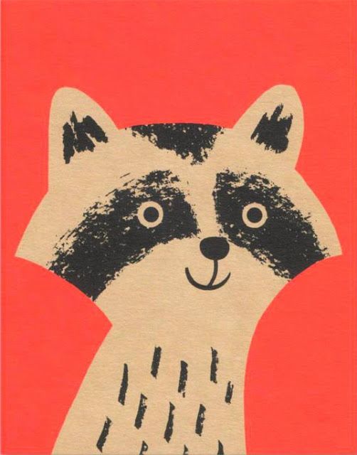 a drawing of a raccoon on a red background