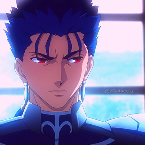 an anime character with blue hair and red eyes looking at the camera in front of a window