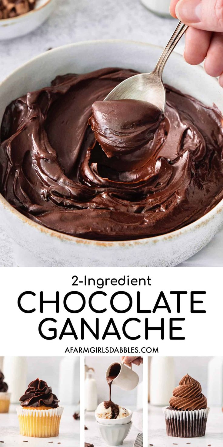 two ingredient chocolate ganache in a white bowl with spoon and cupcakes on the side