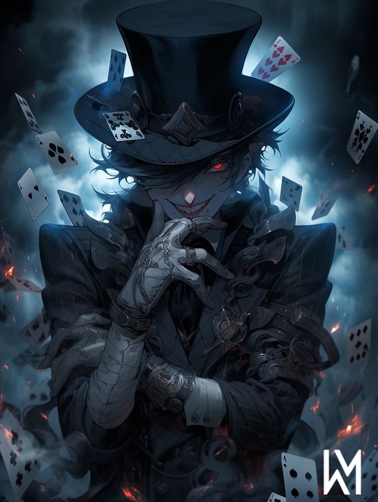 a man wearing a top hat and holding his hand to his face with playing cards in front of him