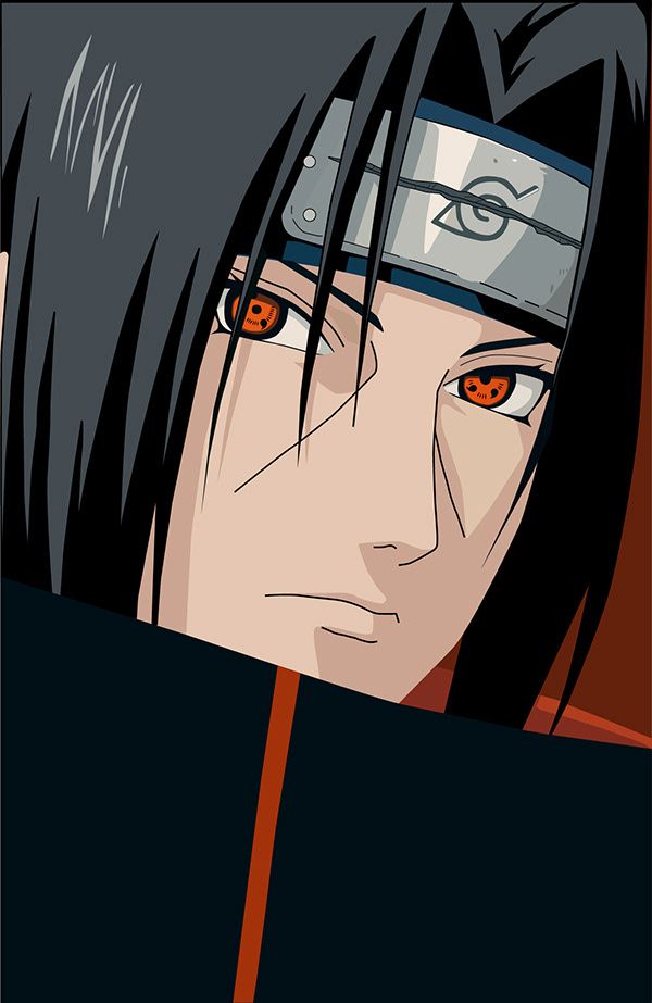 an anime character with orange eyes and black hair looking over his shoulder to the side