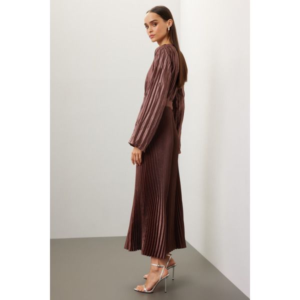 Brown satin (100% high grade polyester). A-line. Long sleeves. Boat neck. Side zipper closure. 54" from shoulder to hemline. Imported. Satin A-line Midi Dress For Dinner, Pleated A-line Midi Dress For Dinner, Fall A-line Midi Dress For Dinner, Pleated Satin Midi Dress For Evening, Pleated Maxi Length Long Sleeve Party Dress, Pleated Long Sleeve Maxi Dress For Party, Party Long Sleeve Pleated Maxi Dress, Fall A-line Midi Dress With Pleated Sleeves, Fall Dinner Pleated Midi Dress